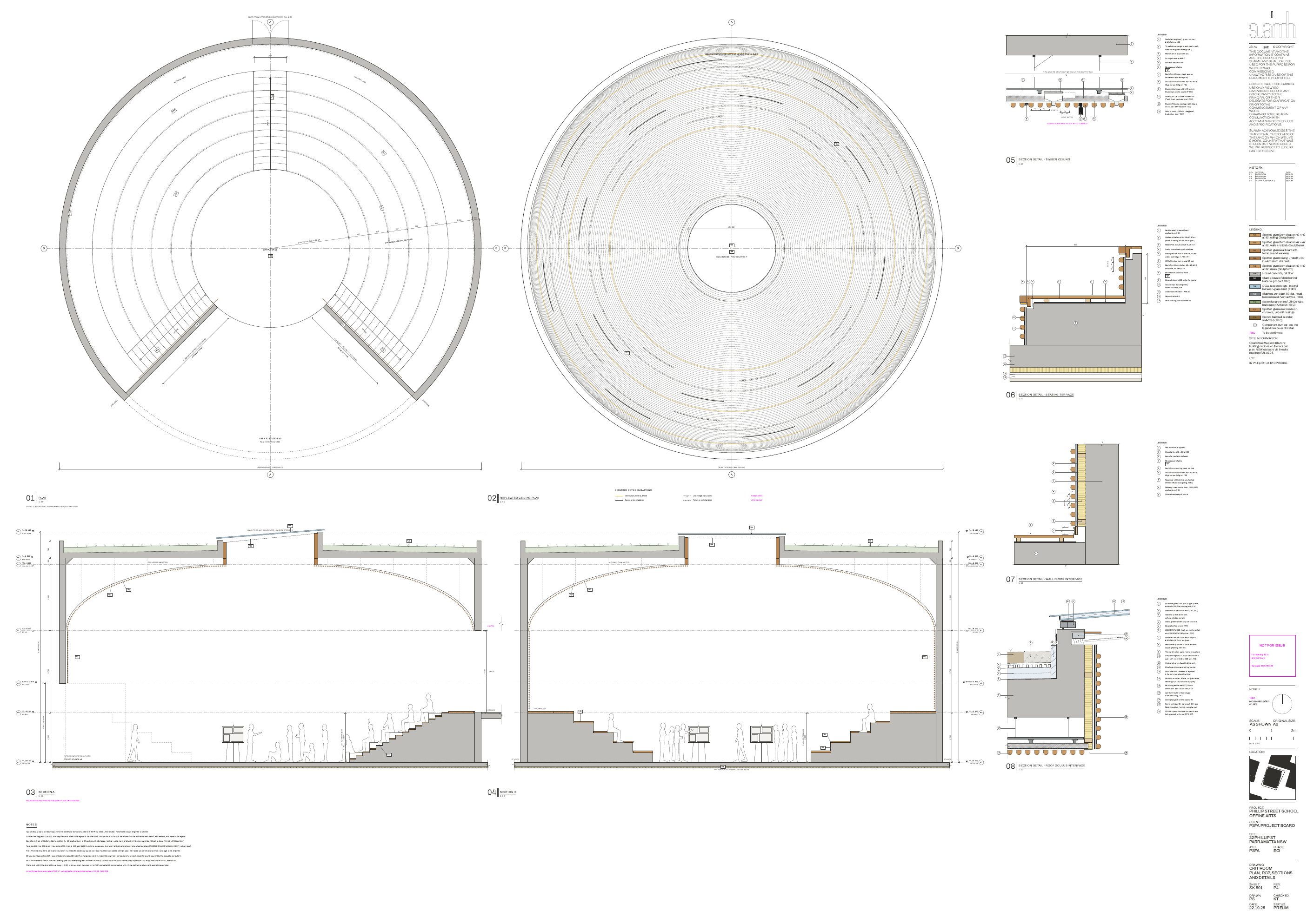 Sheet SK-501 P4: plan, ceiling plan, sections and details of the crit room